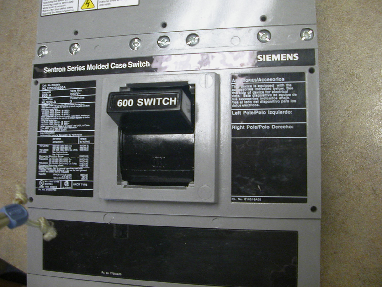 Siemens Sentron 600 Amp 3 phase circuit breaker (Non-Automatic Switch)